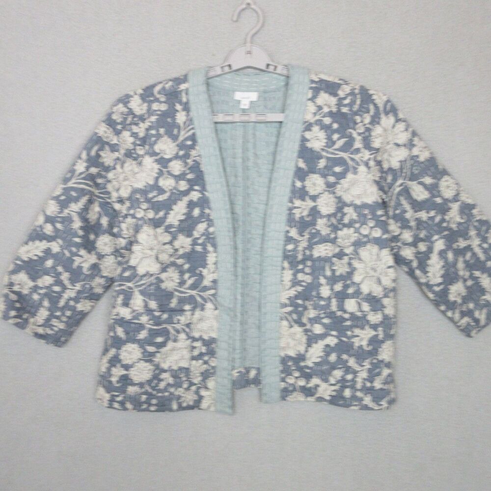 Pure Jill Jacket Women L Quilted Floral Cotton Open Front Blue Cream Lightweight